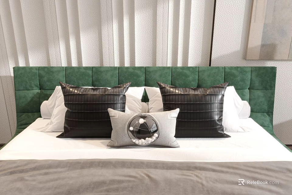 Textured Black And Light Gray Accent Pillows With Round Decor On Green Tufted Headboard Bed 3d model 