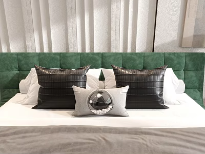 Textured Black And Light Gray Accent Pillows With Round Decor On Green Tufted Headboard Bed 3d model