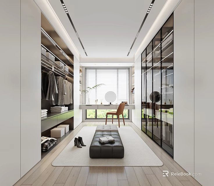 Spacious Modern Walk in Closet with Glass Doors Storage Shelves Mirror Bench and Carpet 3d model 