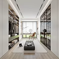 Spacious Modern Walk in Closet with Glass Doors Storage Shelves Mirror Bench and Carpet