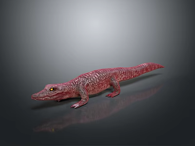 Shiny Red Crocodile Model with Yellow Eyes and Reflection on Gray Background Surface 3d model