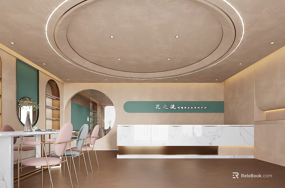 Modern Beauty Hair Salon Interior With Styling Chairs Reception Desk And Mirrors 3d model 