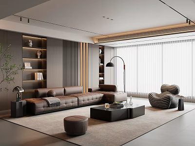 Modern Living Room Interior With Brown L-shaped Sofa Coffee Table And Floor Lamp 3d model