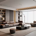 Modern Living Room Interior With Brown L-shaped Sofa Coffee Table And Floor Lamp