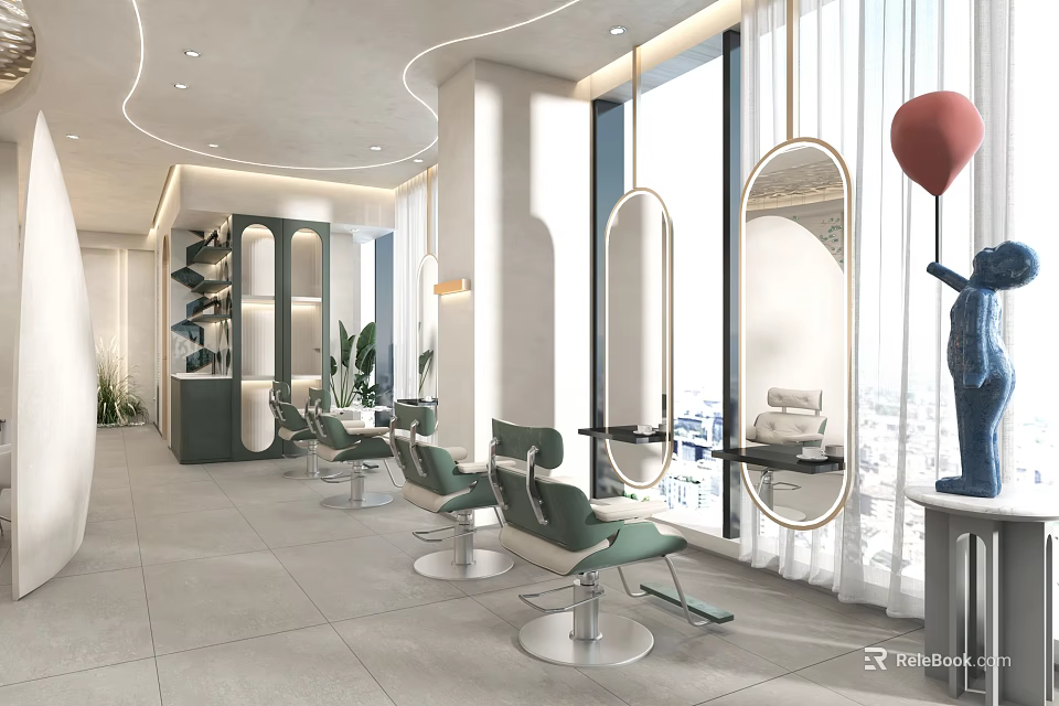 Modern Hair Salon Interior Design With Green Salon Chairs Large Mirrors Plants And Windows 3d model 