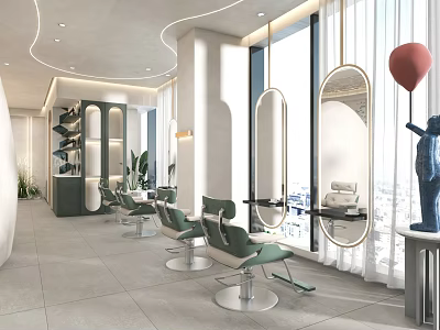 Modern Hair Salon Interior Design With Green Salon Chairs Large Mirrors Plants And Windows 3d model