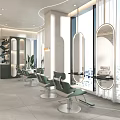 Modern Hair Salon Interior Design With Green Salon Chairs Large Mirrors Plants And Windows