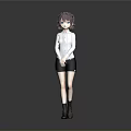 Anime Female Character with Purple Hair White Shirt Black Suspender Shorts Brown Boots Gray Background