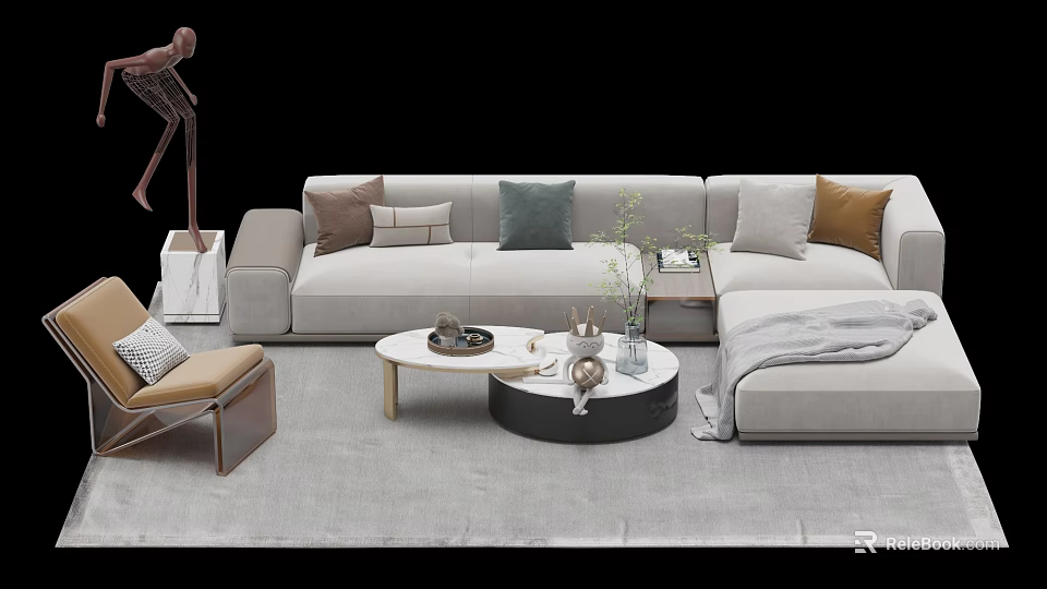 Modern Sofa and Coffee Table Set with Decorative Pillows and Round Table Accents 3d model 