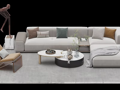 Modern Sofa and Coffee Table Set with Decorative Pillows and Round Table Accents 3d model