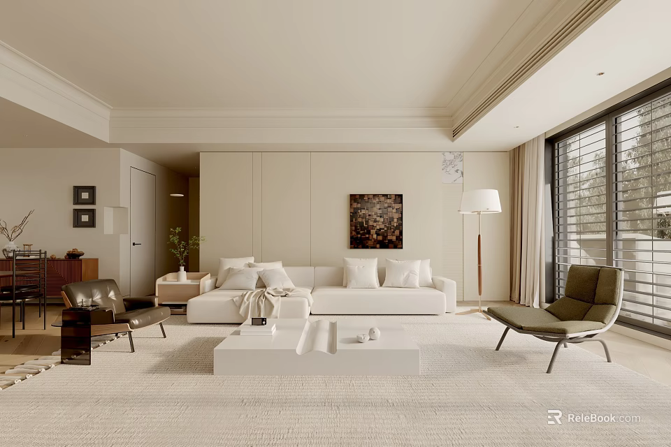 Modern Living Room Interior Design With Neutral Sofa Armchair Artwork Floor Lamp And Soft Rug 3d model 