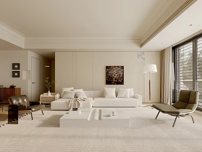 Modern Living Room Interior Design With Neutral Sofa Armchair Artwork Floor Lamp And Soft Rug 3d model