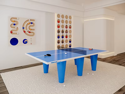 Blue Ping Pong Table With Paddles And Balls In Indoor Sports Equipment Setup 3d model