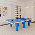 Blue Ping Pong Table With Paddles And Balls In Indoor Sports Equipment Setup
