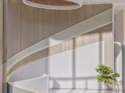 Modern Luxury Front Desk Reception With Wooden Wall Curved Design And Green Plant 3d model
