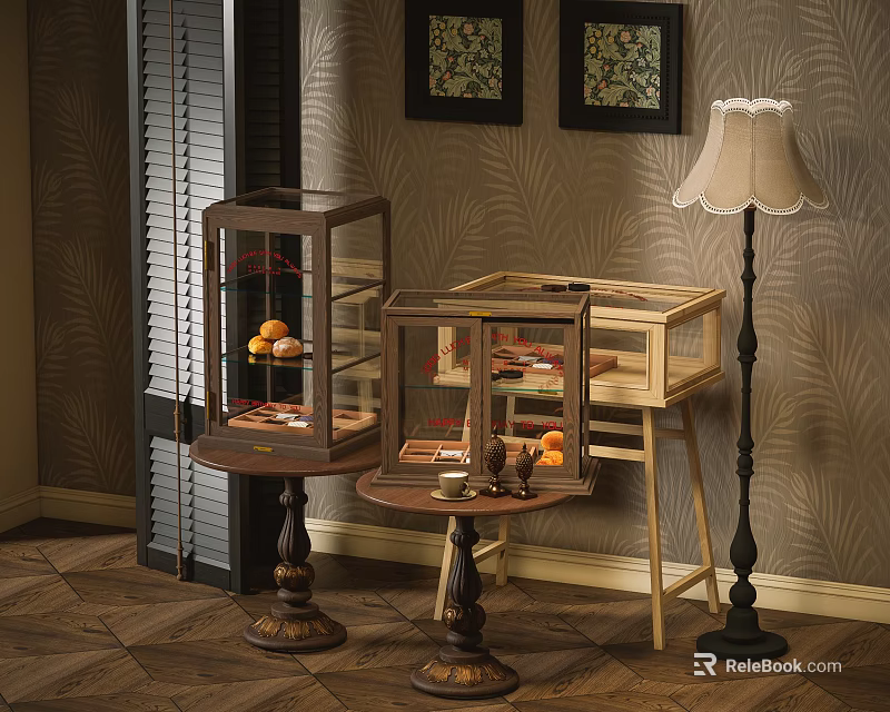 Elegant Wooden Decorative Cabinets With Glass Doors And Fruit Display In Living Room 3d model 