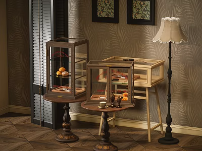 Elegant Wooden Decorative Cabinets With Glass Doors And Fruit Display In Living Room 3d model