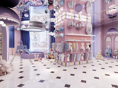 Children's Clothing Store with Pink Purple Decor Kids Clothes Display Racks Rabbit Dolls and Chandeliers 3d model