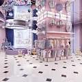 Children's Clothing Store with Pink Purple Decor Kids Clothes Display Racks Rabbit Dolls and Chandeliers