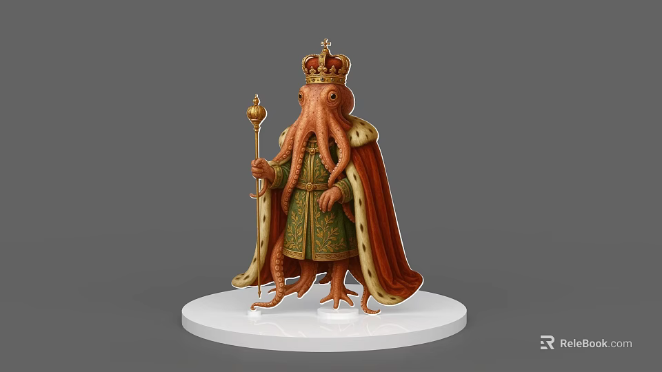 Game Movie Character Octopus Like Figure Wearing Crown Green Robe With Golden Scepter On Base 3d model 