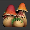 Vibrant Fantasy Mushrooms with Orange Red Caps and Green Eyes Cartoon Style Plant Design