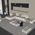 Modern Minimalist Beige Sofa Coffee Table Set With Marble Top Multiple Cushions And Area Rug