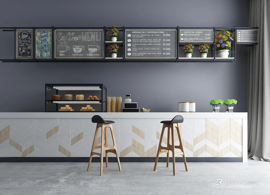 Bar Counter With Gray Wall Menu Boards Potted Plants Pastry Display Geometric Tiles Bar Stools 3d model 