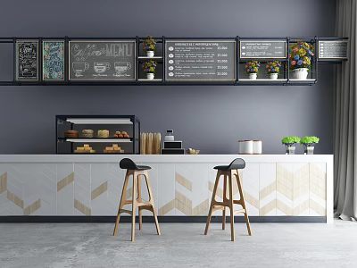 Bar Counter With Gray Wall Menu Boards Potted Plants Pastry Display Geometric Tiles Bar Stools 3d model