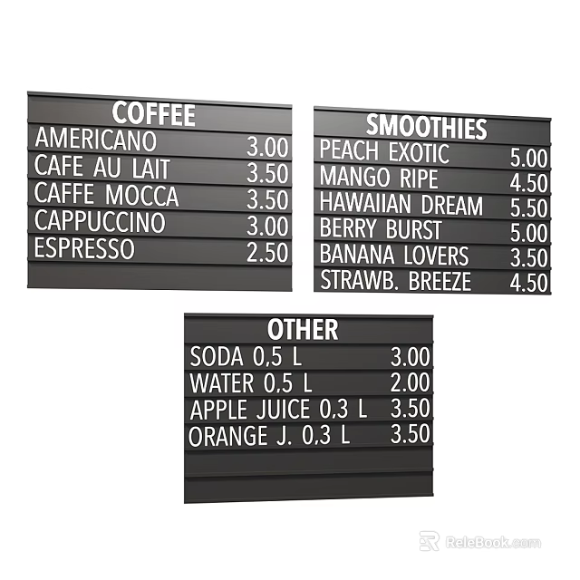 Commercial Drink Menu Board Displaying Coffee Smoothies And Beverage Prices 3d model 
