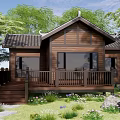 Wooden Detached House with Dark Roof Front Porch Railing Surrounding Trees and Stone Pathway