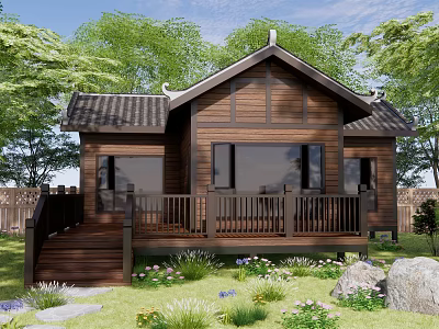 Wooden Detached House with Dark Roof Front Porch Railing Surrounding Trees and Stone Pathway 3d model