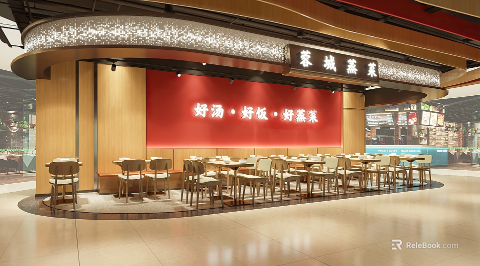 Traditional Chinese Restaurant Interior With Wooden Tables Chairs And Red Decor 3d model 