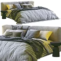 Cozy Modern Double Bed With Gray Quilt Blanket Beige Headboard Multiple Pillows And Side Stool