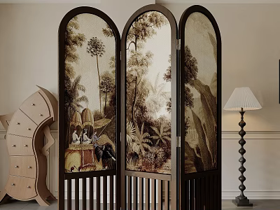 Three Panel Screen Featuring Tropical Forest Scene in Living Room Wooden Cabinet and Floor Lamp 3d model