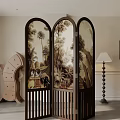 Three Panel Screen Featuring Tropical Forest Scene in Living Room Wooden Cabinet and Floor Lamp
