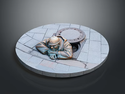 Bronze Sculpture of Man Resting on Circular Stone Pavement with Manhole Cover 3d model