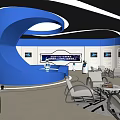 Modern Exhibition Hall With Curved Blue Lighting Display Screens Geometric Patterns And Seating