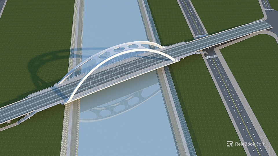 Modern Arch Bridge Design Spanning River With Highway Lanes And Green Landscaping 3d model 