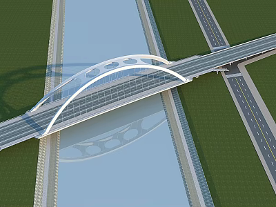Modern Arch Bridge Design Spanning River With Highway Lanes And Green Landscaping 3d model