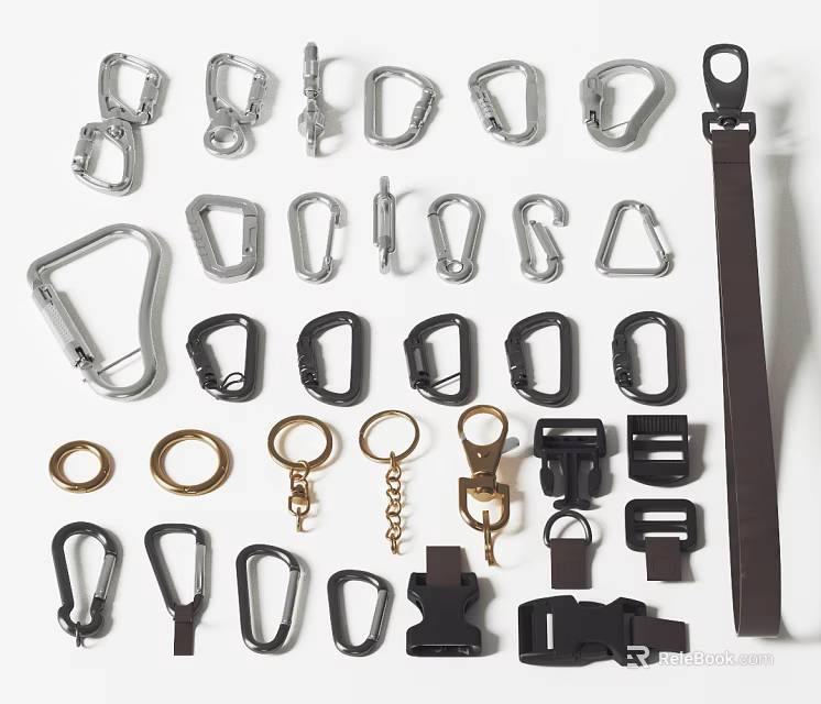 Various Metal Hardware Accessories Including Carabiner Clips D Rings Chains And Belt Buckles 3d model 