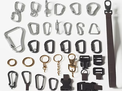 Various Metal Hardware Accessories Including Carabiner Clips D Rings Chains And Belt Buckles 3d model