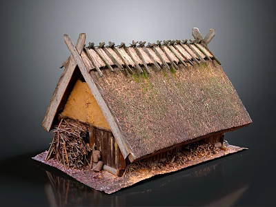 Traditional Thatched Roof Building Model With Cross Wooden Beams And Hay Structure Details 3d model