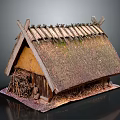 Traditional Thatched Roof Building Model With Cross Wooden Beams And Hay Structure Details