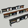 Multiple Modern Commercial Display Stands With Advertising Screens And Wooden Tops