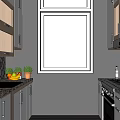 Modern Kitchen Interior With Cabinets Bar Counter Two Stools Glasses And Person By Window