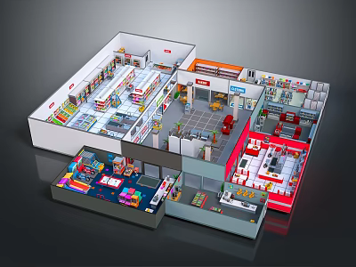 Cartoon Store Layout Scene With Colorful Shopping Sections Shelves And Checkout Areas 3d model