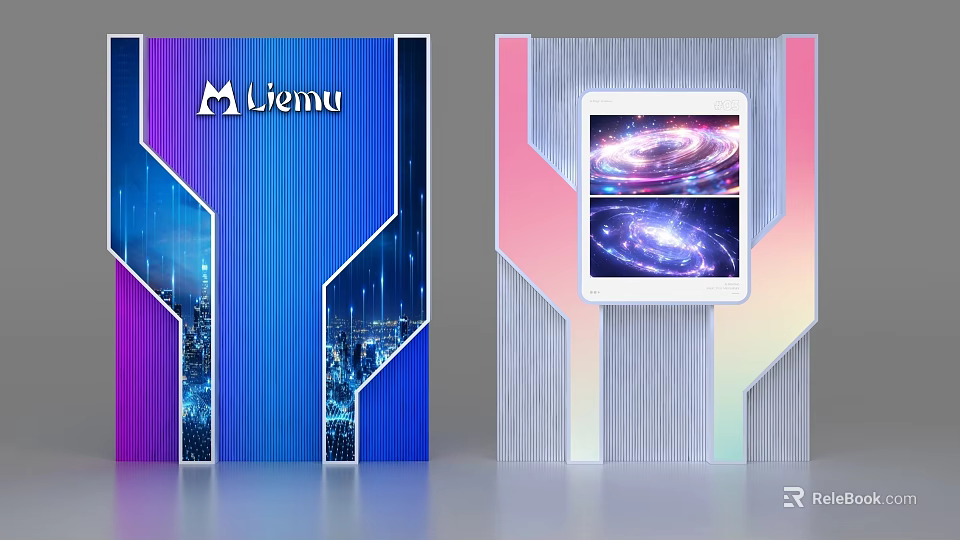 Tech Inspired Purple Blue Gradient Striped Background Wall With Display Screen 3d model 