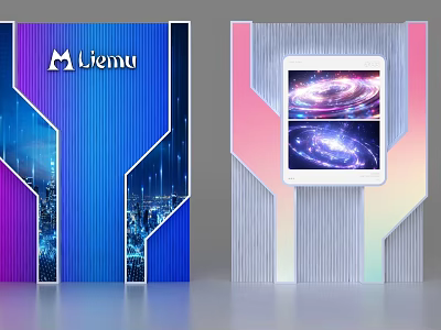 Tech Inspired Purple Blue Gradient Striped Background Wall With Display Screen 3d model