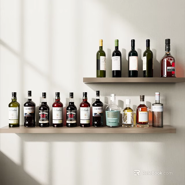 Elegant Wine Bottles And Glasses Collection On Modern Wooden Display Shelf 3d model 