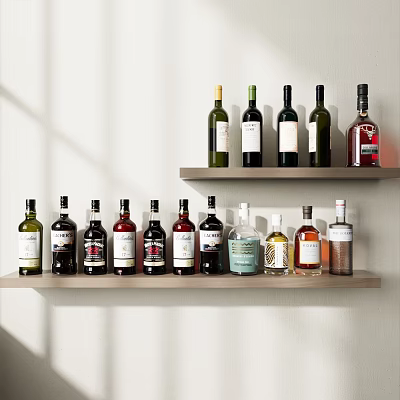 Elegant Wine Bottles And Glasses Collection On Modern Wooden Display Shelf 3d model